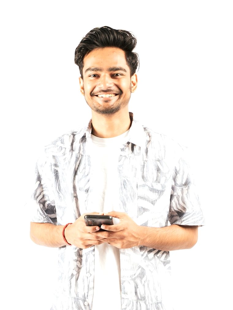 Smiling young man holding his phone, ready to sell it to Apna Phone